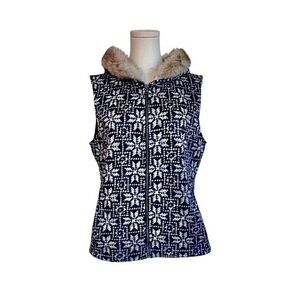 Talbots Sweater Vest Blue Nordic Fair
Isle Snowflake Faux Fur Hood‎ Zip Size Lp